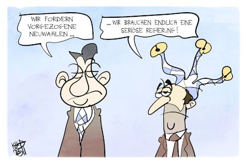 Cartoon: Neuwahlen (medium) by Kostas Koufogiorgos tagged karikatur,koufogiorgos,neuwahl,söder,aiwanger,bayern,hofnarr,könig,karikatur,koufogiorgos,neuwahl,söder,aiwanger,bayern,hofnarr,könig