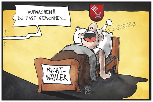 Cartoon: Nichtwähler (medium) by Kostas Koufogiorgos tagged karikaturen,illustration,cartoon,koufogiorgos,nichtwähler,bett,schlaf,wahl,wahlsieger,demokratie,beteiligung,teilhabe,politik,bremen,karikaturen,illustration,cartoon,koufogiorgos,nichtwähler,bett,schlaf,wahl,wahlsieger,demokratie,beteiligung,teilhabe,politik,bremen