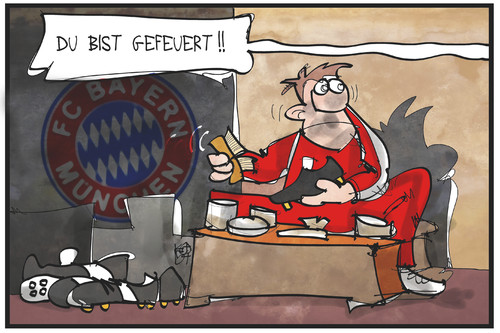 Cartoon: Niederlage FC Bayern (medium) by Kostas Koufogiorgos tagged karikatur,koufogiorgos,illustration,cartoon,schuhe,zeugwart,fussball,bayern,münchen,entlassung,sündenbock,niederlage,dfb,pokal,schuld,karikatur,koufogiorgos,illustration,cartoon,schuhe,zeugwart,fussball,bayern,münchen,entlassung,sündenbock,niederlage,dfb,pokal,schuld