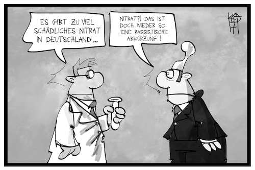 Cartoon: Nitrat (medium) by Kostas Koufogiorgos tagged karikatur,koufogiorgos,illustration,cartoon,nitrat,rassistisch,begriff,labor,laborant,chemie,wissenschaftler,analyse,wasser,michel,gesundheit,grundwasser,karikatur,koufogiorgos,illustration,cartoon,nitrat,rassistisch,begriff,labor,laborant,chemie,wissenschaftler,analyse,wasser,michel,gesundheit,grundwasser