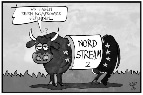 Cartoon: Nord Stream 2-Kompromiss (medium) by Kostas Koufogiorgos tagged karikatur,koufogiorgos,illustration,cartoon,nordstream,pipeline,gas,energie,versorgung,stier,frankreich,eu,europa,deutschland,russland,kompromiss,einigung,karikatur,koufogiorgos,illustration,cartoon,nordstream,pipeline,gas,energie,versorgung,stier,frankreich,eu,europa,deutschland,russland,kompromiss,einigung