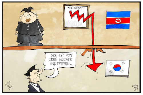 Cartoon: Nordkorea-Südkorea-Gipfel (medium) by Kostas Koufogiorgos tagged koufogiorgos,illustration,cartoon,nordkorea,südkorea,treffen,gipfel,nachbar,wirtschaft,kurve,kim,jong,un,beziehung,konflikt,koufogiorgos,illustration,cartoon,nordkorea,südkorea,treffen,gipfel,nachbar,wirtschaft,kurve,kim,jong,un,beziehung,konflikt