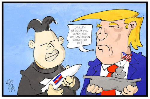 Cartoon: Nordkorea (medium) by Kostas Koufogiorgos tagged karikatur,koufogiorgos,illustration,cartoon,kim,jong,un,trump,nordkorea,atombombe,rakete,kriegsschiff,krief,konflikt,verrückt,staatschef,usa,politik,karikatur,koufogiorgos,illustration,cartoon,kim,jong,un,trump,nordkorea,atombombe,rakete,kriegsschiff,krief,konflikt,verrückt,staatschef,usa,politik