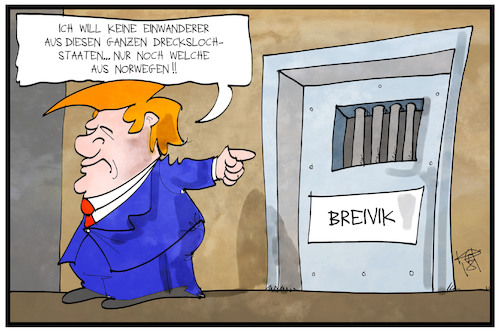 Cartoon: Norwegische Einwanderer (medium) by Kostas Koufogiorgos tagged karikatur,koufogiorgos,illustration,cartoon,trump,breivik,norwegen,drecksloch,einwanderung,immigranten,beleidigung,usa,gefängnis,kriminalität,karikatur,koufogiorgos,illustration,cartoon,trump,breivik,norwegen,drecksloch,einwanderung,immigranten,beleidigung,usa,gefängnis,kriminalität