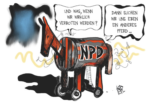 Cartoon: NPD-Verbot (medium) by Kostas Koufogiorgos tagged karikatur,koufogiorgos,illustration,cartoon,npd,partei,verbot,neonazi,rechtsextremismus,trojaner,pferd,politik,karikatur,koufogiorgos,illustration,cartoon,npd,partei,verbot,neonazi,rechtsextremismus,trojaner,pferd,politik