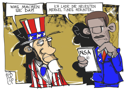 Cartoon: NSA-Abhörskandal (medium) by Kostas Koufogiorgos tagged usa,nsa,sam,obama,merkel,spionage,merkelphone,karikatur,koufogiorgos,usa,nsa,sam,obama,merkel,spionage,merkelphone,karikatur,koufogiorgos