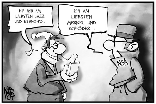 Cartoon: NSA-Affäre (medium) by Kostas Koufogiorgos tagged karikatur,koufogiorgos,illustration,cartoon,merkel,schröder,nsa,agent,spionage,abhören,michel,musik,musikgeschmack,hören,kultur,politik,usa,affäre,geheimdienst,karikatur,koufogiorgos,illustration,cartoon,merkel,schröder,nsa,agent,spionage,abhören,michel,musik,musikgeschmack,hören,kultur,politik,usa,affäre,geheimdienst