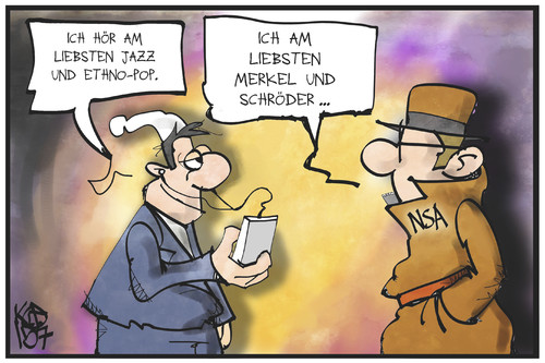 Cartoon: NSA-Affäre (medium) by Kostas Koufogiorgos tagged karikatur,koufogiorgos,illustration,cartoon,merkel,schröder,nsa,agent,spionage,abhören,michel,musik,musikgeschmack,hören,kultur,politik,usa,affäre,geheimdienst,karikatur,koufogiorgos,illustration,cartoon,merkel,schröder,nsa,agent,spionage,abhören,michel,musik,musikgeschmack,hören,kultur,politik,usa,affäre,geheimdienst