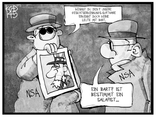 Cartoon: NSA-Gesichtserkennung (medium) by Kostas Koufogiorgos tagged karikatur,koufogiorgos,cartoon,illustration,nsa,usa,agent,uncla,sam,bart,terrorist,salafist,gesichtserkennung,foto,bild,spionage,karikatur,koufogiorgos,cartoon,illustration,nsa,usa,agent,uncla,sam,bart,terrorist,salafist,gesichtserkennung,foto,bild,spionage