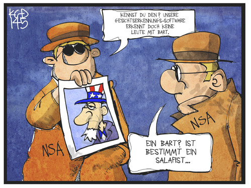 Cartoon: NSA-Gesichtserkennung (medium) by Kostas Koufogiorgos tagged karikatur,koufogiorgos,cartoon,illustration,nsa,usa,agent,uncla,sam,bart,terrorist,salafist,gesichtserkennung,foto,bild,spionage,karikatur,koufogiorgos,cartoon,illustration,nsa,usa,agent,uncla,sam,bart,terrorist,salafist,gesichtserkennung,foto,bild,spionage