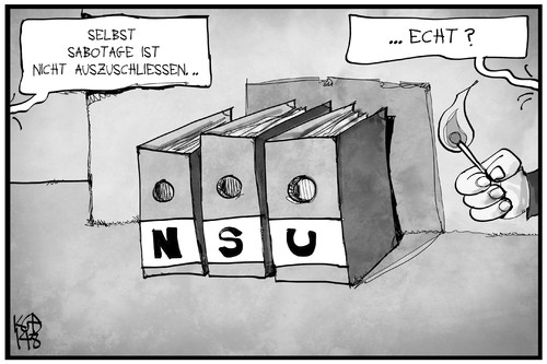 Cartoon: NSU-Abschlussbericht (medium) by Kostas Koufogiorgos tagged karikatur,koufogiorgos,illustration,cartoon,nsu,akten,untersuchungsausschuss,sabotage,terrorismus,terrorzelle,neonazi,rechtsextremismus,politik,karikatur,koufogiorgos,illustration,cartoon,nsu,akten,untersuchungsausschuss,sabotage,terrorismus,terrorzelle,neonazi,rechtsextremismus,politik