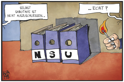 Cartoon: NSU-Abschlussbericht (medium) by Kostas Koufogiorgos tagged karikatur,koufogiorgos,illustration,cartoon,nsu,akten,untersuchungsausschuss,sabotage,terrorismus,terrorzelle,neonazi,rechtsextremismus,politik,karikatur,koufogiorgos,illustration,cartoon,nsu,akten,untersuchungsausschuss,sabotage,terrorismus,terrorzelle,neonazi,rechtsextremismus,politik