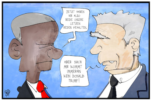 Cartoon: Obama und Gauck (medium) by Kostas Koufogiorgos tagged karikatur,koufogiorgos,illustration,cartoon,obama,gauck,präsident,usa,deutschland,trump,rede,abschied,demokratie,politik,karikatur,koufogiorgos,illustration,cartoon,obama,gauck,präsident,usa,deutschland,trump,rede,abschied,demokratie,politik