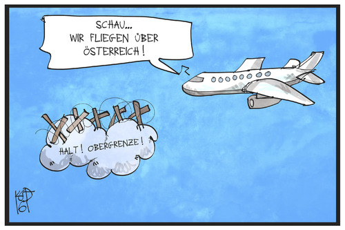 Cartoon: Obergrenze Österreich (medium) by Kostas Koufogiorgos tagged karikatur,koufogiorgos,cartoon,illustration,obergrenze,österreich,flugzeug,wolke,grenze,stacheldraht,zaun,flüchtlingspolitik,karikatur,koufogiorgos,cartoon,illustration,obergrenze,österreich,flugzeug,wolke,grenze,stacheldraht,zaun,flüchtlingspolitik