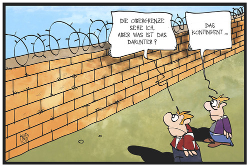 Cartoon: Obergrenze und Kontingent (medium) by Kostas Koufogiorgos tagged karikatur,koufogiorgos,illustration,cartoon,obergrenze,kontingent,mauer,flüchtlingskrise,grenze,abschottung,begrifflichkeit,stacheldraht,politik,karikatur,koufogiorgos,illustration,cartoon,obergrenze,kontingent,mauer,flüchtlingskrise,grenze,abschottung,begrifflichkeit,stacheldraht,politik