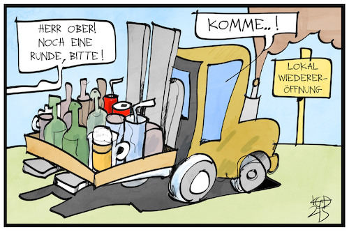 Cartoon: Öffnung der Lokale (medium) by Kostas Koufogiorgos tagged karikatur,koufogiorgos,illustration,cartoon,aussengastronomie,ober,bier,gabelstapler,gast,wirt,kellner,karikatur,koufogiorgos,illustration,cartoon,aussengastronomie,ober,bier,gabelstapler,gast,wirt,kellner