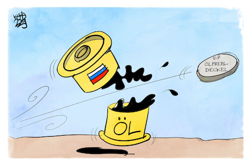 Cartoon: Ölpreisdeckel (medium) by Kostas Koufogiorgos tagged karikatur,koufogiorgos,öl,öldeckel,russland,g7,fass,energie,karikatur,koufogiorgos,öl,öldeckel,russland,g7,fass,energie