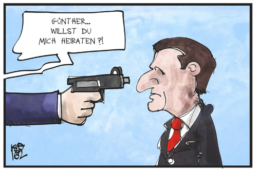 Cartoon: Oettinger und Petry (medium) by Kostas Koufogiorgos tagged karikatur,koufogiorgos,illustration,cartoon,oettinger,petry,hochzeit,heiratsantrag,schuss,pistole,waffe,afd,erschießen,karikatur,koufogiorgos,illustration,cartoon,oettinger,petry,hochzeit,heiratsantrag,schuss,pistole,waffe,afd,erschießen