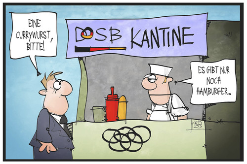 Cartoon: Olympische Spiel in Hamburg (medium) by Kostas Koufogiorgos tagged sport,spiele,olympische,dosb,berlin,currywurst,imbiss,kantine,hamburg,hamburger,olympia,cartoon,illustration,koufogiorgos,karikatur,koufogiorgos