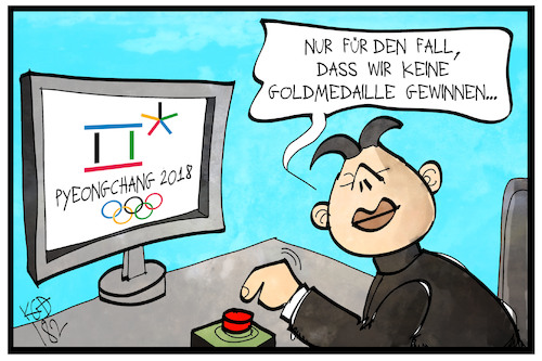 Cartoon: Olympische Winterspiele (medium) by Kostas Koufogiorgos tagged karikatur,koufogiorgos,illustration,cartoon,olympia,winterspiele,südkorea,nordkorea,kim,jong,un,goldmedaille,atomknopf,krieg,karikatur,koufogiorgos,illustration,cartoon,olympia,winterspiele,südkorea,nordkorea,kim,jong,un,goldmedaille,atomknopf,krieg