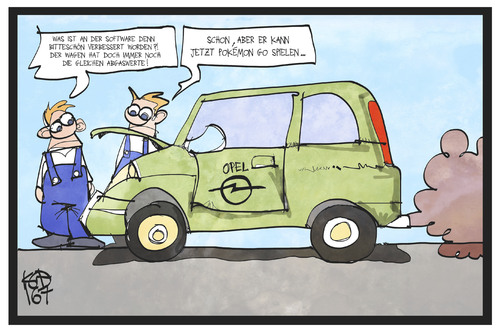 Cartoon: Opel-Software (medium) by Kostas Koufogiorgos tagged karikatur,koufogiorgos,illustration,cartoon,opel,manipulation,betrug,abgas,skandal,pokemon,go,emission,abschaltvorrichtung,zafira,auto,dieselgate,wirtschaft,computerspiel,nintendo,karikatur,koufogiorgos,illustration,cartoon,opel,manipulation,betrug,abgas,skandal,pokemon,go,emission,abschaltvorrichtung,zafira,auto,dieselgate,wirtschaft,computerspiel,nintendo