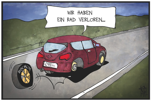 Cartoon: Opel (medium) by Kostas Koufogiorgos tagged illustration,koufogiorgos,karikatur,autoindustrie,auto,schliessung,werk,rad,corsa,opel,bochum,cartoon,wirtschaft,karikatur,koufogiorgos,illustration,cartoon,bochum,opel,corsa,rad,werk,schliessung,auto,autoindustrie,wirtschaft