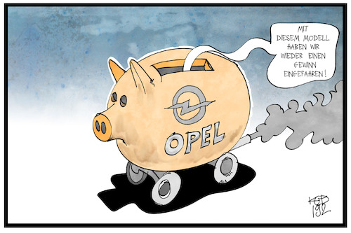 Cartoon: Opel (medium) by Kostas Koufogiorgos tagged karikatur,koufogiorgos,illustration,cartoon,opel,gewinn,sparschwein,automobilindustrie,autobauer,karikatur,koufogiorgos,illustration,cartoon,opel,gewinn,sparschwein,automobilindustrie,autobauer