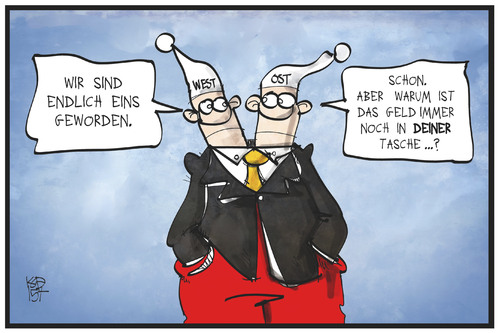 Cartoon: Ost und West (medium) by Kostas Koufogiorgos tagged karikatur,koufogiorgos,cartoon,illustration,ost,west,michel,deutschland,wiedervereinigung,einheit,geld,gleich,ungleich,gerechtigkeit,politik,gesellschaft,karikatur,koufogiorgos,cartoon,illustration,ost,west,michel,deutschland,wiedervereinigung,einheit,geld,gleich,ungleich,gerechtigkeit,politik,gesellschaft