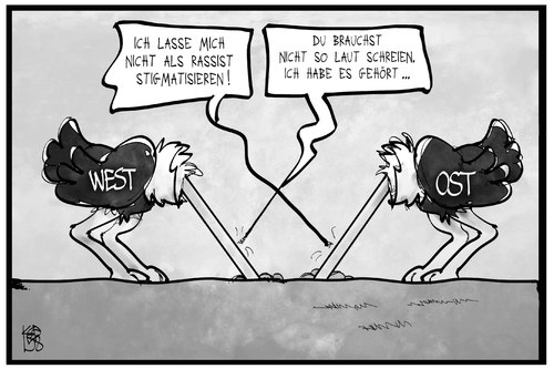 Cartoon: Ost und West (medium) by Kostas Koufogiorgos tagged karikatur,koufogiorgos,illustration,cartoon,rassismus,rechtsextremismus,ost,west,strauss,resignation,kopf,sand,fremdenfeindlichlichkeit,politik,karikatur,koufogiorgos,illustration,cartoon,rassismus,rechtsextremismus,ost,west,strauss,resignation,kopf,sand,fremdenfeindlichlichkeit,politik