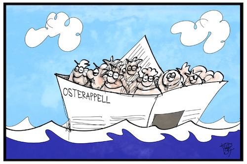 Cartoon: Osterappell (medium) by Kostas Koufogiorgos tagged karikatur,koufogiorgos,illustration,cartoon,osterappell,flüchtlinge,mittelmeer,seenot,rettung,bundestag,abgeordnete,karikatur,koufogiorgos,illustration,cartoon,osterappell,flüchtlinge,mittelmeer,seenot,rettung,bundestag,abgeordnete