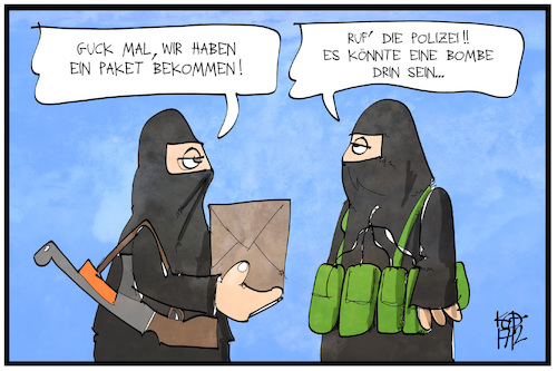 Cartoon: Paket-Anschlag (medium) by Kostas Koufogiorgos tagged karikatur,koufogiorgos,illustration,cartoon,paket,terrorismus,terrorist,bombe,polizei,anschlag,gefahr,karikatur,koufogiorgos,illustration,cartoon,paket,terrorismus,terrorist,bombe,polizei,anschlag,gefahr