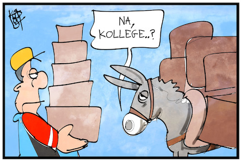 Cartoon: Paketzusteller (medium) by Kostas Koufogiorgos tagged karikatur,koufogiorgos,illustration,cartoon,paketdienst,zusteller,esel,last,packesel,arbeit,sozial,geringverdiener,geld,lohn,karikatur,koufogiorgos,illustration,cartoon,paketdienst,zusteller,esel,last,packesel,arbeit,sozial,geringverdiener,geld,lohn