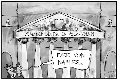 Cartoon: Paritätsgesetz (medium) by Kostas Koufogiorgos tagged karikatur,illustration,cartoon,koufogiorgos,nahles,bundestag,reichstag,volk,völkin,parlament,parität,gleichberechtigung,karikatur,illustration,cartoon,koufogiorgos,nahles,bundestag,reichstag,volk,völkin,parlament,parität,gleichberechtigung