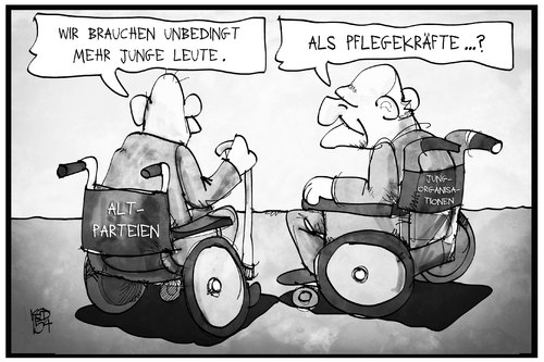 Cartoon: Parteien-Nachwuchs (medium) by Kostas Koufogiorgos tagged karikatur,koufogiorgos,illustration,cartoon,partei,politik,jugend,organisation,überalterung,nachwuchs,personal,pflegekraft,karikatur,koufogiorgos,illustration,cartoon,partei,politik,jugend,organisation,überalterung,nachwuchs,personal,pflegekraft