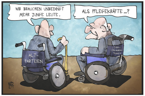 Cartoon: Parteien-Nachwuchs (medium) by Kostas Koufogiorgos tagged karikatur,koufogiorgos,illustration,cartoon,partei,politik,jugend,organisation,überalterung,nachwuchs,personal,pflegekraft,karikatur,koufogiorgos,illustration,cartoon,partei,politik,jugend,organisation,überalterung,nachwuchs,personal,pflegekraft