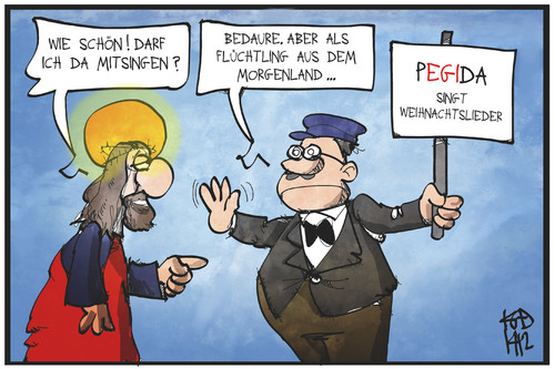 Cartoon: PEGIDA (medium) by Kostas Koufogiorgos tagged karikatur,koufogiorgos,illustration,cartoon,pegida,jesus,weihnachtslied,singen,demonstration,flüchtling,karikatur,koufogiorgos,illustration,cartoon,pegida,jesus,weihnachtslied,singen,demonstration,flüchtling