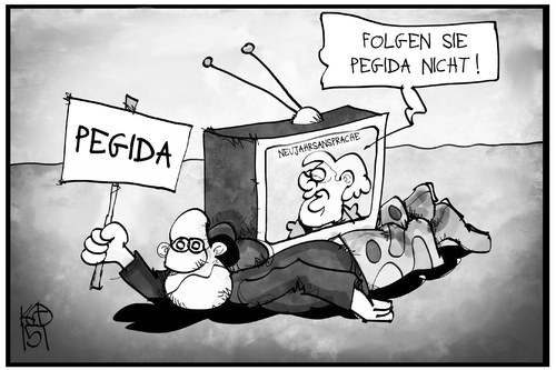 Cartoon: PEGIDA (medium) by Kostas Koufogiorgos tagged karikatur,koufogiorgos,illustration,cartoon,neujahrsansprache,pegida,fernsehen,demonstration,merkel,bundeskanzlerin,machtwort,politik,karikatur,koufogiorgos,illustration,cartoon,neujahrsansprache,pegida,fernsehen,demonstration,merkel,bundeskanzlerin,machtwort,politik