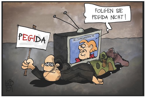 Cartoon: PEGIDA (medium) by Kostas Koufogiorgos tagged karikatur,koufogiorgos,illustration,cartoon,neujahrsansprache,pegida,fernsehen,demonstration,merkel,bundeskanzlerin,machtwort,politik,karikatur,koufogiorgos,illustration,cartoon,neujahrsansprache,pegida,fernsehen,demonstration,merkel,bundeskanzlerin,machtwort,politik