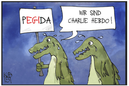 Cartoon: PEGIDA (medium) by Kostas Koufogiorgos tagged karikatur,koufogiorgos,illustration,cartoon,charlie,hebdo,pegida,krokodil,krokodilstränen,demonstration,populismus,politik,karikatur,koufogiorgos,illustration,cartoon,charlie,hebdo,pegida,krokodil,krokodilstränen,demonstration,populismus,politik