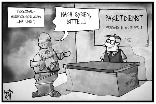 Cartoon: Personalausweis-Entzug (medium) by Kostas Koufogiorgos tagged karikatur,koufogiorgos,illustration,cartoon,islamist,terrorist,personalausweis,entzug,paket,paketdienst,post,syrien,terrorismus,karikatur,koufogiorgos,illustration,cartoon,islamist,terrorist,personalausweis,entzug,paket,paketdienst,post,syrien,terrorismus