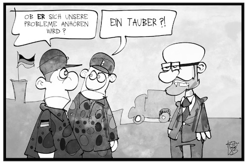 Cartoon: Peter Tauber (medium) by Kostas Koufogiorgos tagged karikatur,koufogiorgos,illustration,cartoon,peter,tauber,soldat,verteidigungsministerium,taub,probleme,sorgen,bundeswehr,politik,karikatur,koufogiorgos,illustration,cartoon,peter,tauber,soldat,verteidigungsministerium,taub,probleme,sorgen,bundeswehr,politik