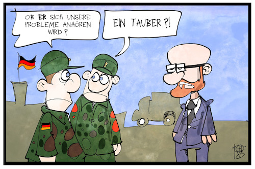 Cartoon: Peter Tauber (medium) by Kostas Koufogiorgos tagged karikatur,koufogiorgos,illustration,cartoon,peter,tauber,soldat,verteidigungsministerium,taub,probleme,sorgen,bundeswehr,politik,karikatur,koufogiorgos,illustration,cartoon,peter,tauber,soldat,verteidigungsministerium,taub,probleme,sorgen,bundeswehr,politik