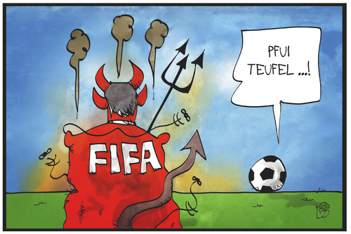 Cartoon: Pfui  FIFA (medium) by Kostas Koufogiorgos tagged karikatur,koufogiorgos,illustration,cartoon,fifa,skandal,teufel,pfui,fussball,verband,dachverband,hölle,korruption,sport,karikatur,koufogiorgos,illustration,cartoon,fifa,skandal,teufel,pfui,fussball,verband,dachverband,hölle,korruption,sport