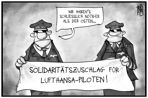 Cartoon: Pilotenstreik (medium) by Kostas Koufogiorgos tagged karikatur,koufogiorgos,illustration,cartoon,lufthansa,piloten,streik,geld,demonstration,arbeitskampf,solidaritätszuschlag,politik,arbeit,karikatur,koufogiorgos,illustration,cartoon,lufthansa,piloten,streik,geld,demonstration,arbeitskampf,solidaritätszuschlag,politik,arbeit