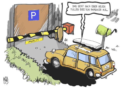 Cartoon: PKW-Maut (medium) by Kostas Koufogiorgos tagged pkw,maut,auto,parkplatz,ramsauer,verkehrsminister,geld,verkehr,karikatur,kostas,koufogiorgos,pkw,maut,auto,parkplatz,ramsauer,verkehrsminister,verkehr