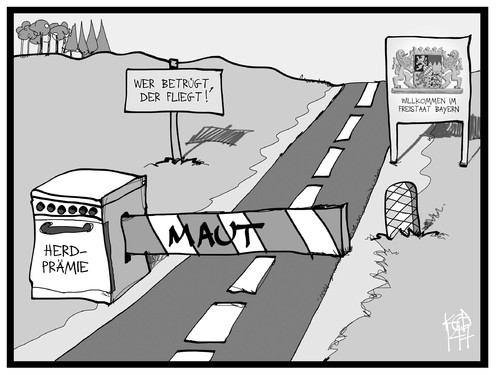 Cartoon: PKW-Maut (medium) by Kostas Koufogiorgos tagged illustration,koufogiorgos,cartoon,karikatur,maut,bayern,herdprämie,verkehr,csu,politik,illustration,koufogiorgos,cartoon,karikatur,maut,bayern,herdprämie,verkehr,csu,politik