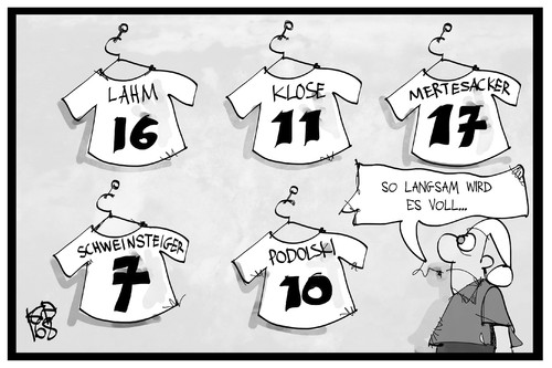 Cartoon: Podolski tritt zurück (medium) by Kostas Koufogiorgos tagged karikatur,koufogiorgos,illustration,cartoon,trikot,sammlung,sport,fussball,nationalmannschaft,dfb,elf,michel,karikatur,koufogiorgos,illustration,cartoon,trikot,sammlung,sport,fussball,nationalmannschaft,dfb,elf,michel