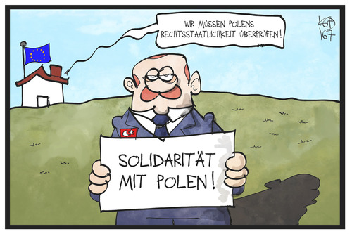 Cartoon: Polens Rechtsstaatlichkeit (medium) by Kostas Koufogiorgos tagged karikatur,koufogiorgos,illustration,cartoon,eu,europa,ultimatum,erdogan,polen,tuerkei,solidaritaet,strafe,rechtsstaat,justizreform,politik,karikatur,koufogiorgos,illustration,cartoon,eu,europa,ultimatum,erdogan,polen,tuerkei,solidaritaet,strafe,rechtsstaat,justizreform,politik