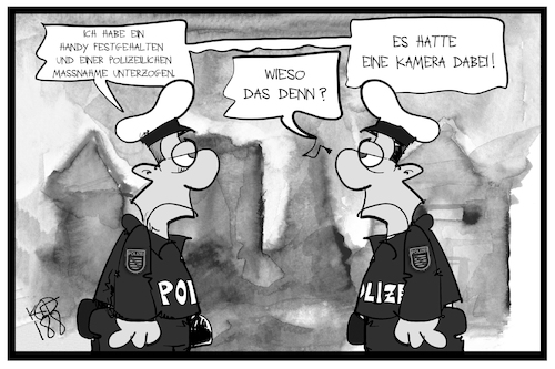 Cartoon: Polizei-Schikane (medium) by Kostas Koufogiorgos tagged karikatur,koufogiorgos,illustration,cartoon,polizei,sachsen,kamera,handy,untersuchung,festsetzung,zdf,pegida,dresden,schikane,medien,presse,karikatur,koufogiorgos,illustration,cartoon,polizei,sachsen,kamera,handy,untersuchung,festsetzung,zdf,pegida,dresden,schikane,medien,presse