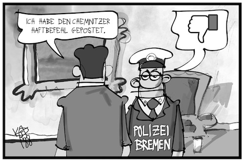 Cartoon: Polizei Bremen (medium) by Kostas Koufogiorgos tagged karikatur,koufogiorgos,illustration,cartoon,bremen,polizei,haftbefehl,leak,post,facebook,dislike,karikatur,koufogiorgos,illustration,cartoon,bremen,polizei,haftbefehl,leak,post,facebook,dislike